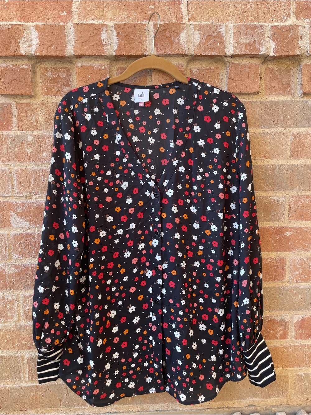Cabi Black Floral V-Neck Button Front Blouse with Striped Cuffs